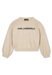 Smėlinis trumpas megztinis, pagamintas iš švelnios mezgimo medžiagos; turi ilgas pūstas rankoves ir juodą "KARL LAGERFELD" logotipą priekyje.