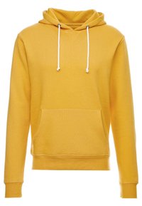 Sudadera amarilla con capucha, cordones blancos y un bolsillo tipo canguro en la parte frontal, mangas largas y puños y dobladillo de canalé.