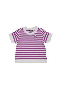 T-shirt a maniche corte a righe viola e bianche, realizzato in cotone; presenta un collo rotondo e un piccolo logo nella parte superiore sinistra.