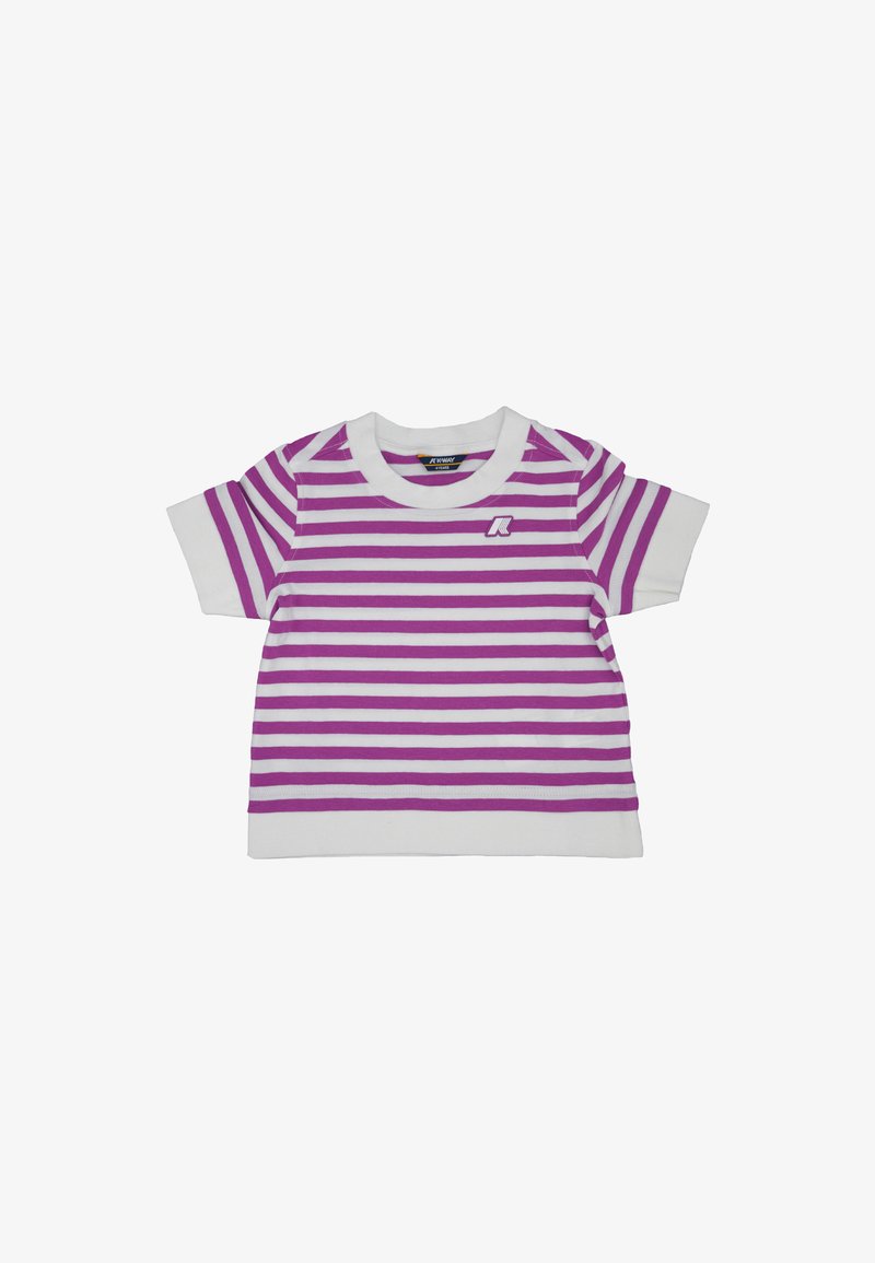 Maglietta a righe viola e bianche, maniche corte, scollo rotondo, con un piccolo logo sul petto, realizzata in cotone.