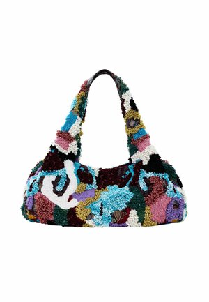 Texturovaná kabelka s vícebarevným vybíleným designem v odstínech modré, zelené, vínové a bílé, ve tvaru hobo s širokým uchem.