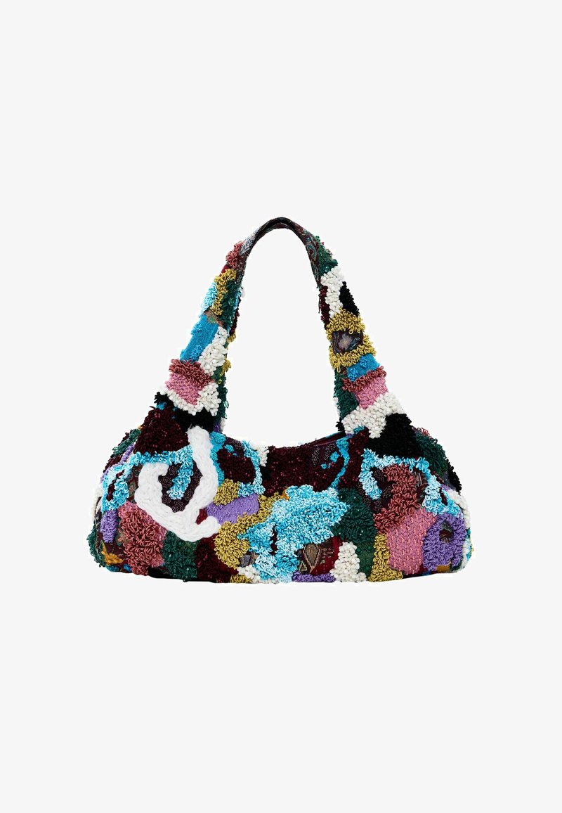 Borsa testurizzata con un design a ciuffi multicolore in tonalità di blu, verde, bordeaux e bianco, con una forma hobo e un manico largo.