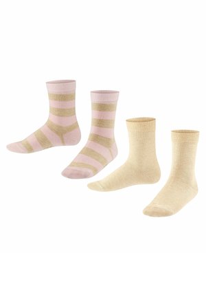 Vier Paar Socken: zwei pink- und beige gestreifte, zwei einfarbige cremefarbene. Gestrickte Textur, Knielänge, elastische Bündchen.