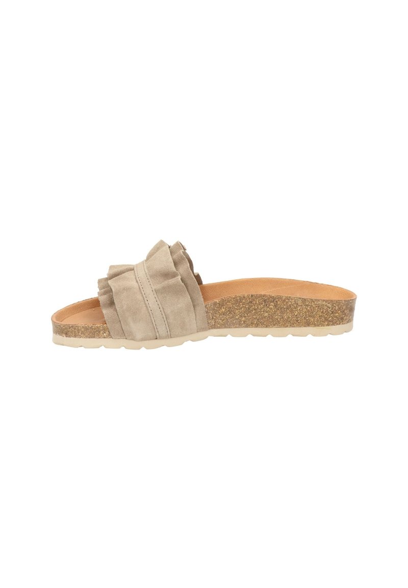 Beige slefsandalen met een gevoerde voetbed, versierd met een rimpelband en een duurzame kurken zool, getoond op een witte achtergrond.