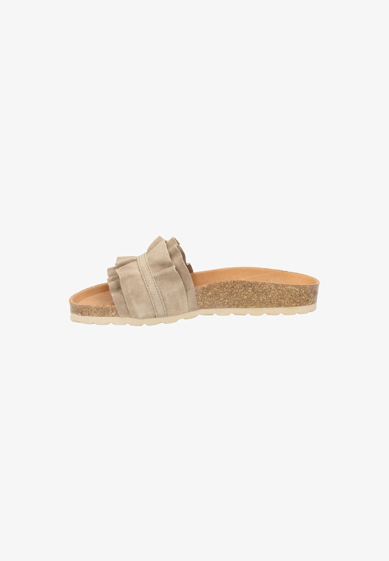 Beige slefsandalen met een gevoerde voetbed, versierd met een rimpelband en een duurzame kurken zool, getoond op een witte achtergrond.