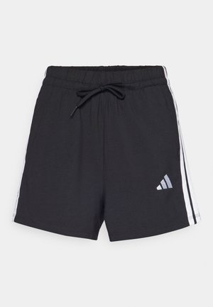 Pantalones cortos deportivos negros con cintura elástica y cordón. Presenta rayas laterales blancas y un logo reflectante en la parte frontal izquierda.