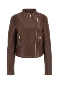 Bruine leren jas met een gestructureerde afwerking, voorzien van gouden ritsen, een staande kraag en ribbeldetails op de schouders.