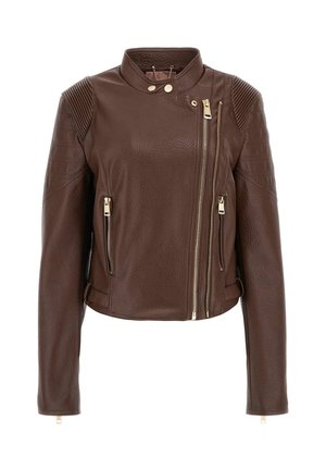 Brown leather jacket with a textured finish, featuring gold-toned zippers, a stand-up collar, and ribbed detailing on the shoulders.