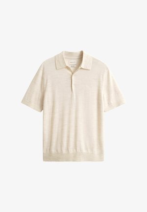 Beige Polohemd aus strukturiertem Stoff mit klassischem Kragen, kurzen Ärmeln, einer Dreiknopfleiste und einfachem Saumdetail.