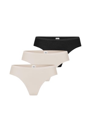 Drei Damenslips im Bikini-Stil in Schwarz und Beige, in einer versetzten Stapelung mit sichtbaren Markenetiketten am Bund.