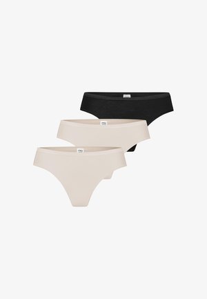 Trzy damskie majtki typu bikini w kolorach czarnym i beżowym, ułożone w przesunięty stos z widocznymi metkami marki na gumkach.