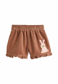 Brune corduroy shorts til småbørn med elastisk talje, flæsekanter og en rosa kaninapplikation på højre ben.
