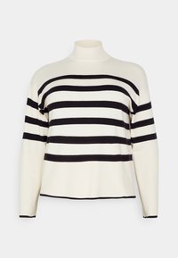 Raidallinen neulepaita, jossa on korkea kaulus. Pääväri on kerma, jossa mustia vaakaraitoja. Pehmeä neulotun materiaalin rakenne; pitkät hihat, rento istuvuus.