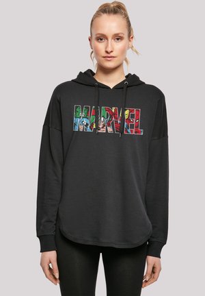 Black hoodie with a loose fit, featuring a colorful "MARVEL" logo in various superhero patterns. Includes drawstring hood and ribbed cuffs.