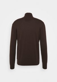 Pull à manches longues marron foncé avec col montant, vu de dos sur un fond blanc uni.