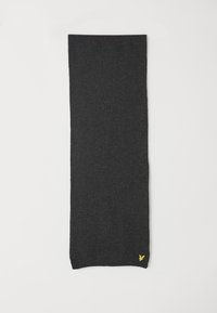 Sciarpa nera in maglia con una texture a coste, caratterizzata da un piccolo logo giallo nell'angolo in basso a destra. Forma rettangolare, finitura liscia.