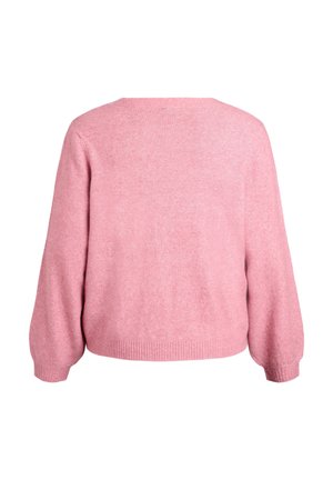 Rozā adīta džemperis ar brīvu piegriezumu, apaļu apkakli un garām piedurknēm. Mīksta tekstūra un ribota apakšmala un piedurkņu gali.