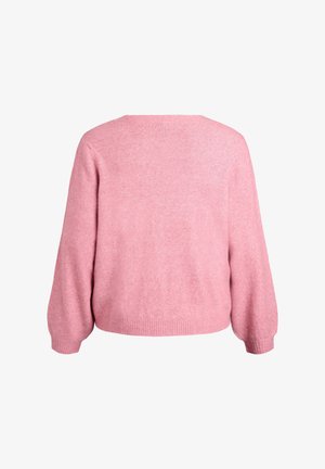 Rozā adīta džemperis ar brīvu piegriezumu, apaļu apkakli un garām piedurknēm. Mīksta tekstūra un ribota apakšmala un piedurkņu gali.