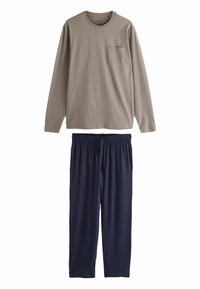 Camicia taupe a maniche lunghe con tasca, abbinata a pantaloni blu navy con vita elastica. Entrambi gli articoli sono realizzati in tessuto morbido e leggero.