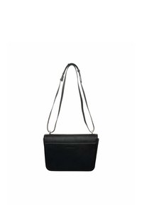 Zwarte leren schoudertas met een rechthoekige vorm, voorzien van een enkele verstelbare schouderriem, een gladde textuur en een minimalistisch ontwerp.