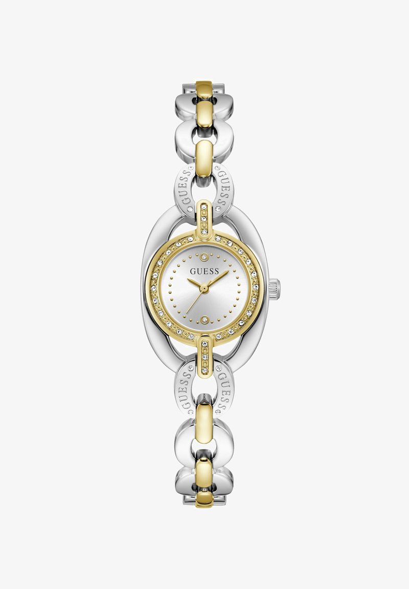 Ασημένιο και χρυσό ρολόι Guess με στρογγυλό καντράν, κρύσταλλα διακοσμητικά και μεταλλικό μπρασελέ με συνδεδεμένους οβάλ κρίκους με λογότυπο.