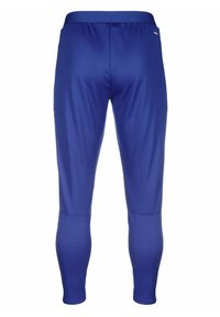 Blauwe sportlegging gemaakt van rekbare stof, met een gladde textuur, taps toelopende vorm en een elastische tailleband voor extra comfort.