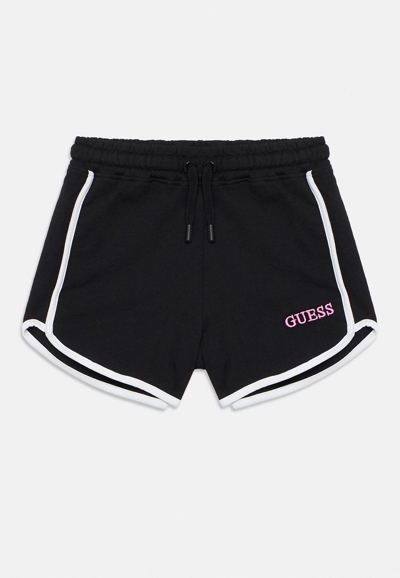 Μαύρο σορτς με κορδόνι στη μέση, λευκές λωρίδες στο πλάι και ροζ κεντημένο λογότυπο «GUESS» στο κάτω δεξί μέρος. Απαλή υφή υφάσματος.