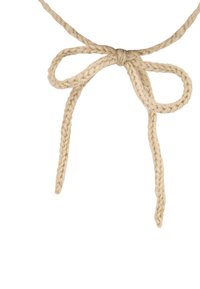 Beige braided rope tied into a neat bow with two loose ends, set against a white background.