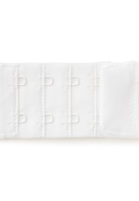 Witte bh-extender strip met drie kolommen haak-en-oogsluitingen en een zachte stoffen rand aan één kant.