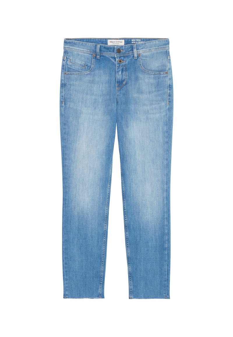 Hellblaue Denim-Jeans mit geradem Schnitt, Fünf-Taschen-Design und fransigem Saum. Sie verfügen über einen Knopfverschluss vorne und eine subtile Ausbleichung.