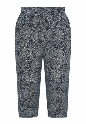 Marineblå cropped bukser med hvidt geometrisk diamant- og prikkemønster, elastisk taljebånd og lige ben.