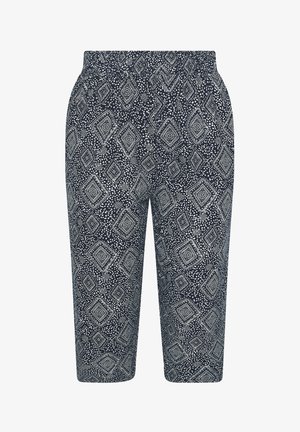 Marineblauwe cropped broek met wit geometrisch diamant- en stippenpatroon, elastische tailleband en rechte pijp.