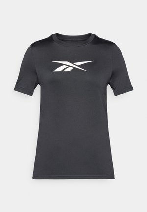 Svart kortermet t-skjorte laget av glatt stoff, med en hvit logo over brystet. Rund hals og vanlig passform.