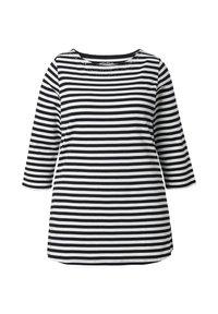 Czarna i biała bluzka w paski z długim rękawem, okrągłym dekoltem oraz dekoracyjnymi zdobieniami przy kołnierzu. Miękki materiał, luźny krój.