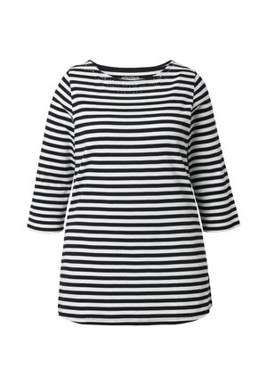 Schwarz-weiß gestreiftes Langarmshirt mit rundem Ausschnitt und dekorativen Verzierungen nahe dem Kragen. Weicher Stoff, lockere Passform.