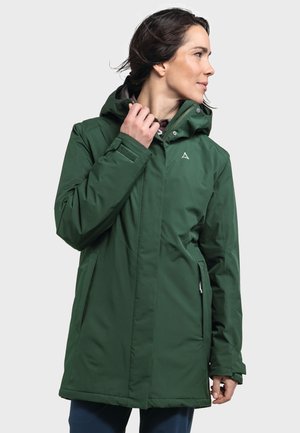 Green waterproof jacket with a hood, featuring a front zipper, side pockets, and a logo detail on the chest, made of smooth, durable fabric.