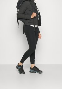 Svarta leggings och en mörkgrå jacka bärs med en vit skjorta under. Modellen har en svart ryggsäck och svarta skor med turkosa detaljer.