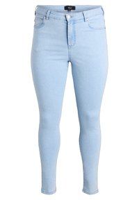 Svetlomodré skinny džínsy z denimu. Vysoký pás s gombíkovým zapínaním, päť vreciek a hladká textúra. Žiadne výrazné vzory.