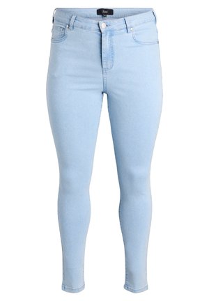 Světle modré skinny džíny z denimu. Vysoký pas s knoflíkovým zapínáním, pět kapes a hladká textura. Bez výrazných vzorů.