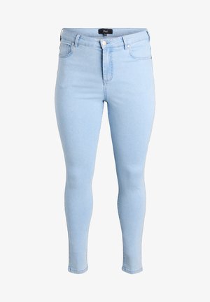 Heledad sinised skinny teksad, mis on valmistatud denimist. Kõrge vöökoht ja nööbi sulgemine, viis taskut ning sile tekstuur. Ilma silmapaistvate mustriteta.