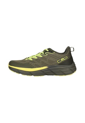 Mørkegrøn og gul atletiksneaker med tyk sål, mesh-overdel og CMP-logo på siden, vist i højre profil.