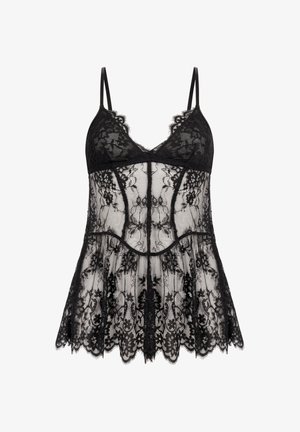 Zwarte kant camisole met verstelbare spaghettibandjes, bloemenpatronen en een uitlopende zoom. Doorzichtige stof met een gegolfde kantafwerking.