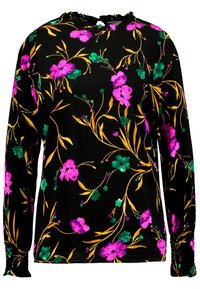Schwarze Bluse mit langen Ärmeln und floralem Muster in Lila und Grün. Mit einem gerafften Halsauschnitt und gerafften Bündchen für eine figurbetonte Gestaltung.