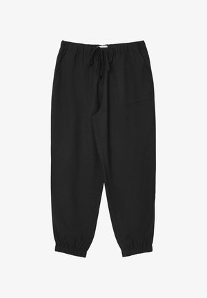 Pantalons légers noirs avec taille élastique, détail de cordon de serrage et deux poches avant. Jambes fuselées avec bas élastiques. Texture lisse.