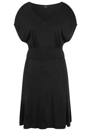 Un vestido negro hecho de un tejido suave y flexible. Presenta un escote en V, mangas cortas y anchas, y una cintura ceñida que se ensancha en una falda de longitud hasta la rodilla.