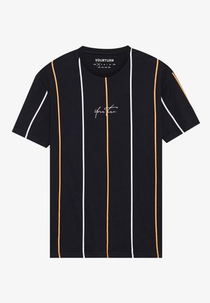 Black t-shirt with vertical stripes in orange and white. Features a crew neck and a small embroidered logo on the front. Short sleeves.