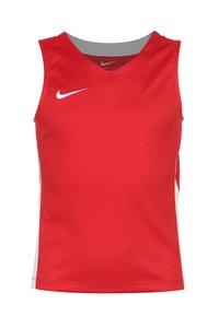 Rotes ärmelloses Sporttrikot mit V-Ausschnitt, das weiße seitliche Akzente und ein kleines weißes Logo auf der Vorderseite aufweist. Hergestellt aus leichtem Stoff.