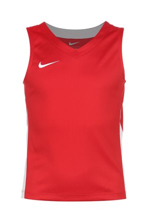 Rotes ärmelloses Sporttrikot mit V-Ausschnitt, das weiße seitliche Akzente und ein kleines weißes Logo auf der Vorderseite aufweist. Hergestellt aus leichtem Stoff.