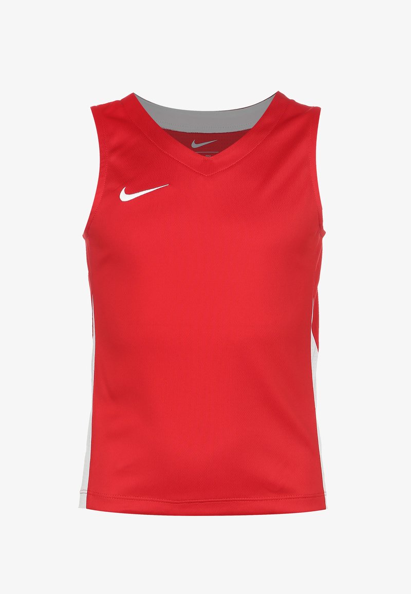 Red sleeveless sports jersey with a V-neck design, featuring white side accents and a small white logo on the front. Made from lightweight fabric.