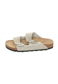 Sandales en suede gris clair avec deux larges brides, texture perforée et semelle intérieure en liège anatomique. Semelle extérieure en caoutchouc noir pour une meilleure adhérence.